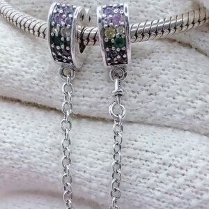 Rainbow Heart & Cloud Safety Chain Charm S925 Silver Charm For Pandora Bracelet